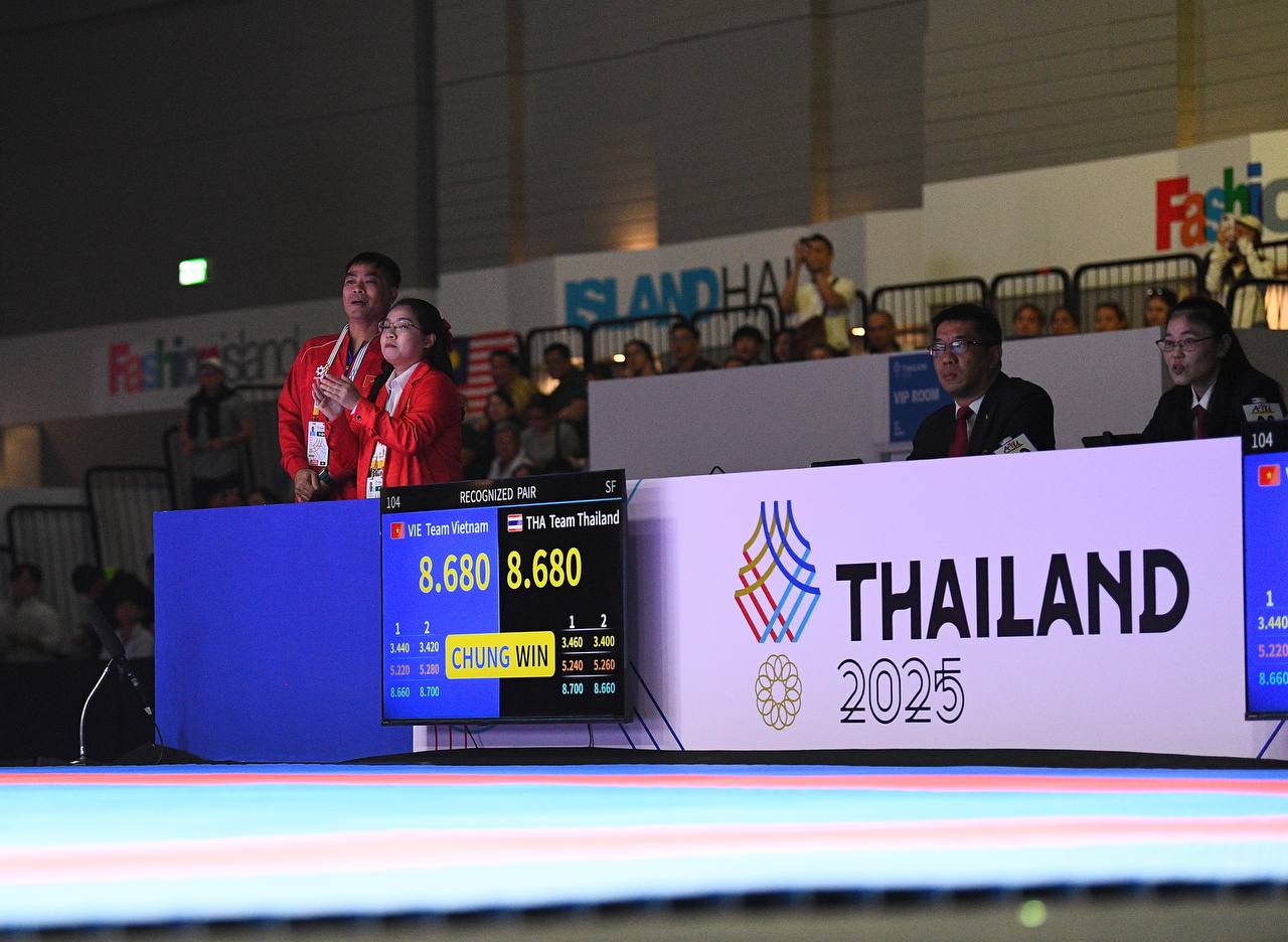Trai tài gái giỏi Taekwondo Việt Nam ôm nhau bật khóc, vỡ oà cảm xúc khi thắng Thái Lan ở bán kết SEA Games 33- Ảnh 6. Kết quả trận bán kết với lợi thế chỉ số phụ của Việt Nam